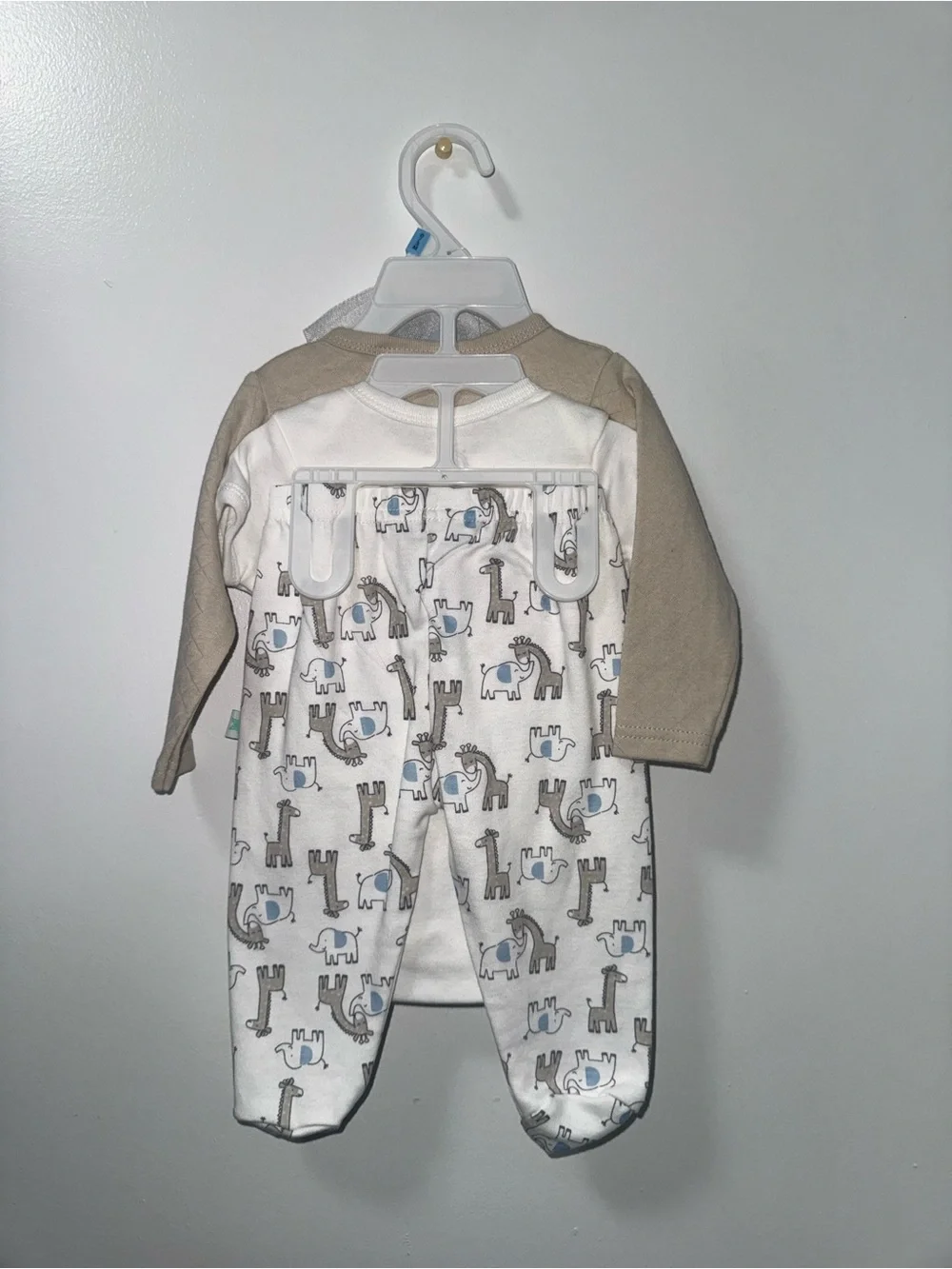 Neutral Beige Baby One-Piece Set with Blue Elephant Bib - Loved